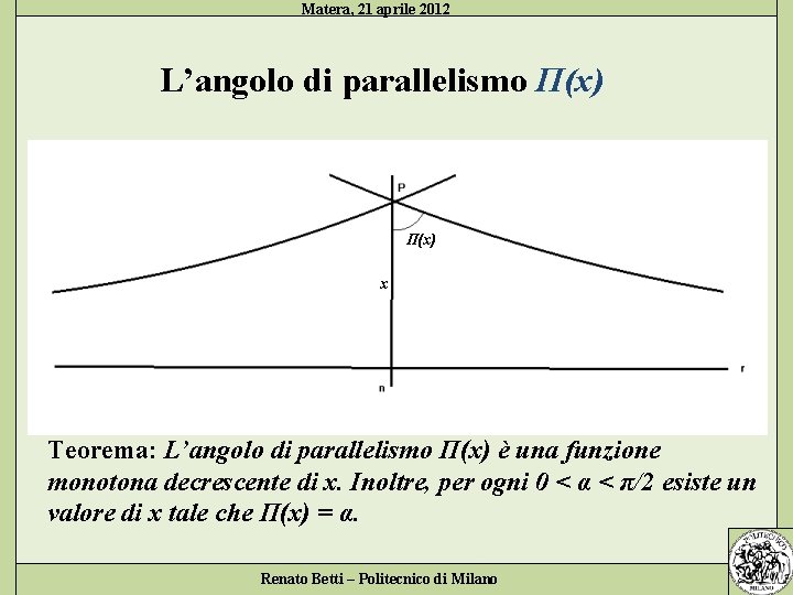 Matera, 21 aprile 2012 L’angolo di parallelismo П(x) Π(x) x Teorema: L’angolo di parallelismo