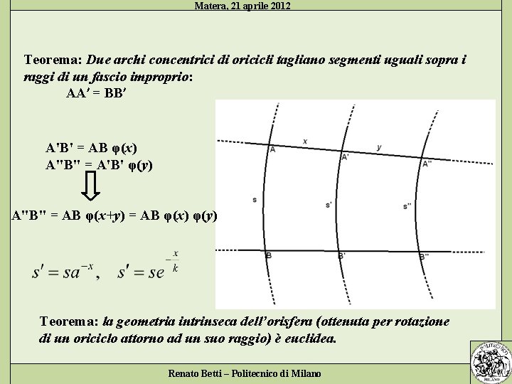 Matera, 21 aprile 2012 Teorema: Due archi concentrici di oricicli tagliano segmenti uguali sopra