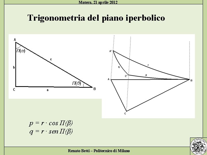 Matera, 21 aprile 2012 Trigonometria del piano iperbolico П(α) П(β) p = r ·