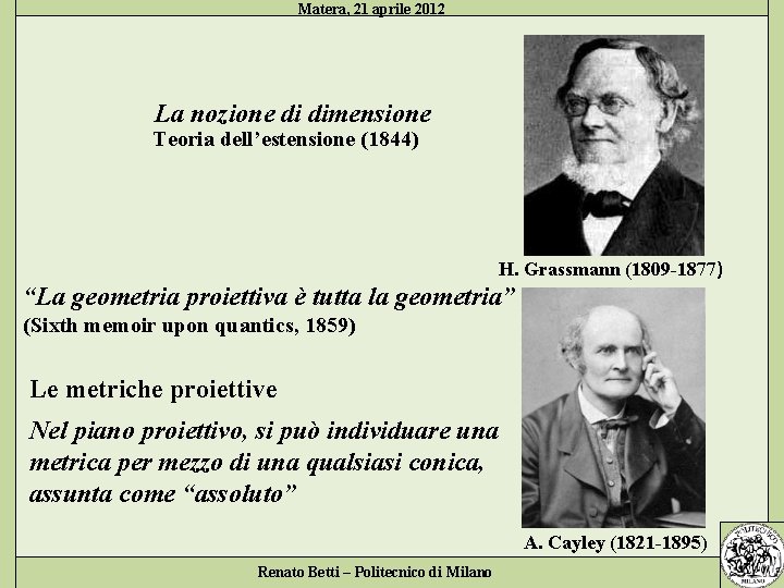 Matera, 21 aprile 2012 La nozione di dimensione Teoria dell’estensione (1844) H. Grassmann (1809