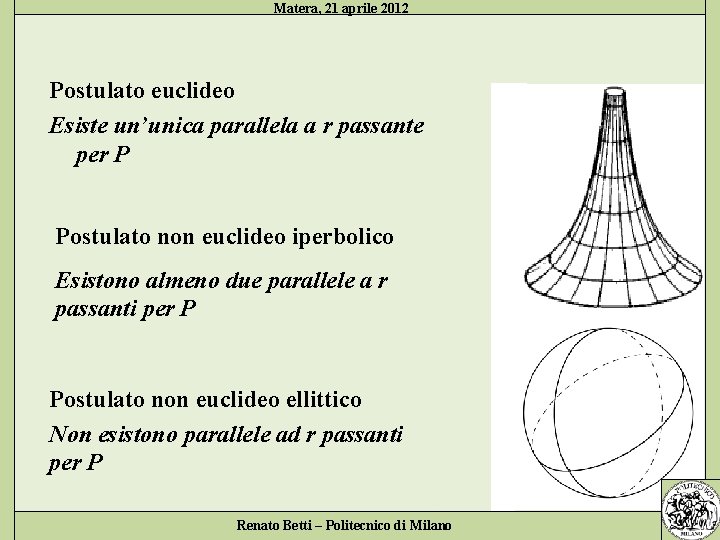 Matera, 21 aprile 2012 Postulato euclideo Esiste un’unica parallela a r passante per P