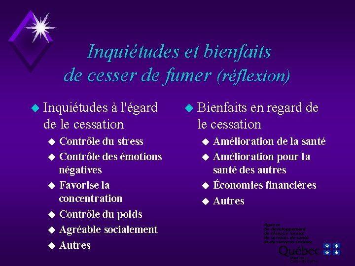 Inquiétudes et bienfaits de cesser de fumer (réflexion) u Inquiétudes à l'égard de le