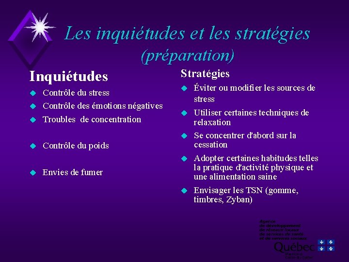 Les inquiétudes et les stratégies (préparation) Inquiétudes u u u Contrôle du stress Contrôle