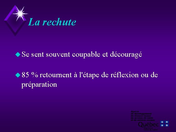 La rechute u Se u 85 sent souvent coupable et découragé % retournent à