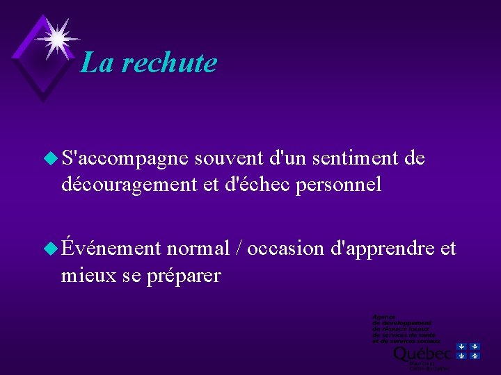 La rechute u S'accompagne souvent d'un sentiment de découragement et d'échec personnel u Événement