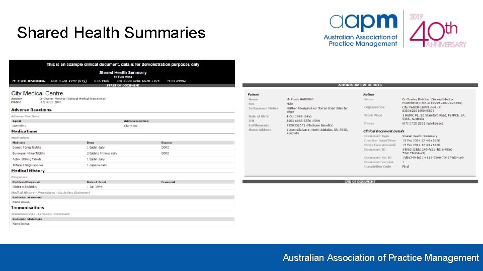Shared Health Summaries Australian Association of Practice Management Shared Health Summaries Australian Association of Practice Management