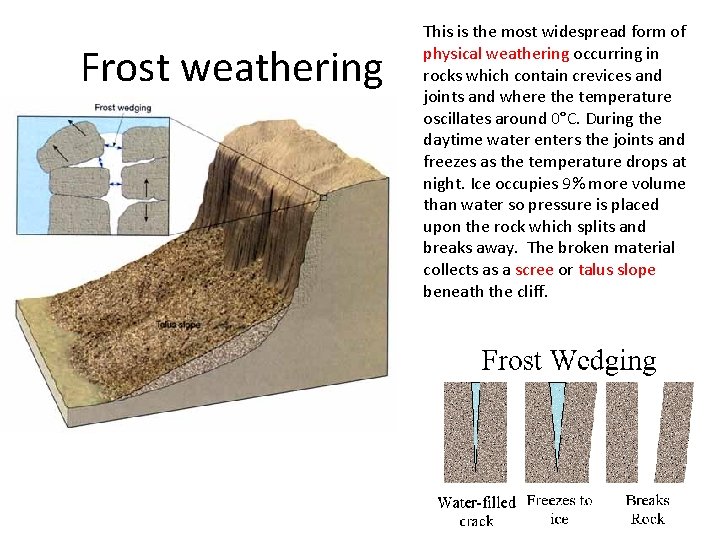 Frost weathering This is the most widespread form of physical weathering occurring in rocks