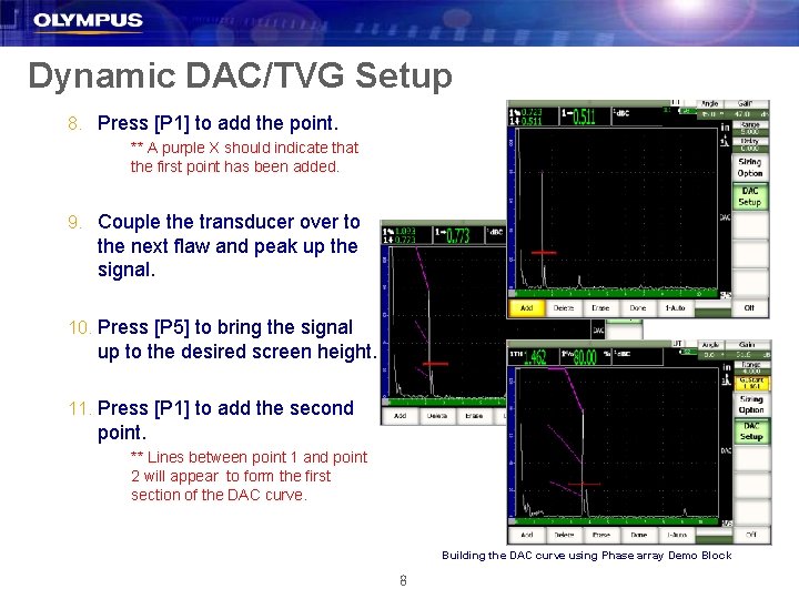 Dynamic DAC/TVG Setup 8. Press [P 1] to add the point. ** A purple
