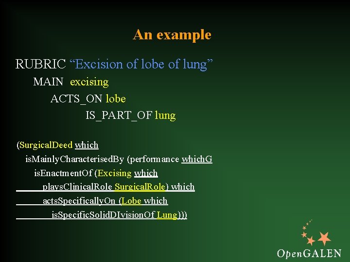 An example RUBRIC “Excision of lobe of lung” MAIN excising ACTS_ON lobe IS_PART_OF lung