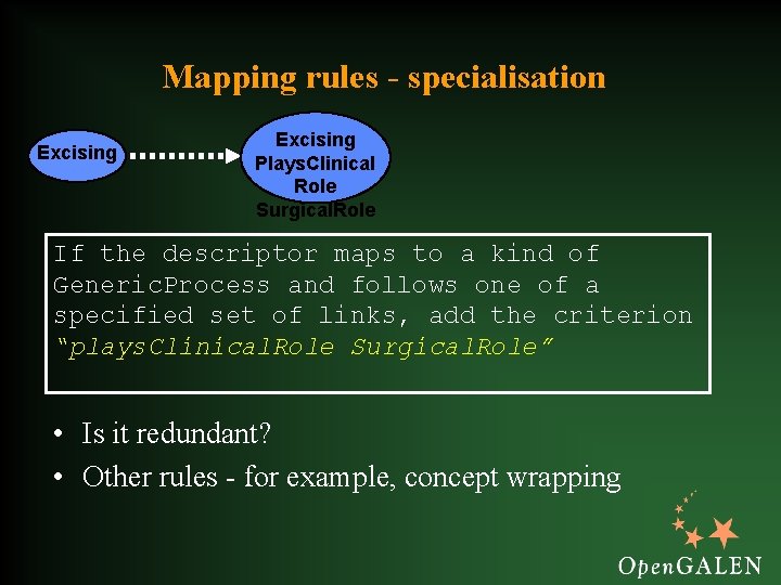 Mapping rules - specialisation Excising Plays. Clinical Role Surgical. Role If the descriptor maps