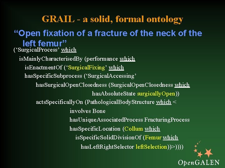 GRAIL - a solid, formal ontology “Open fixation of a fracture of the neck