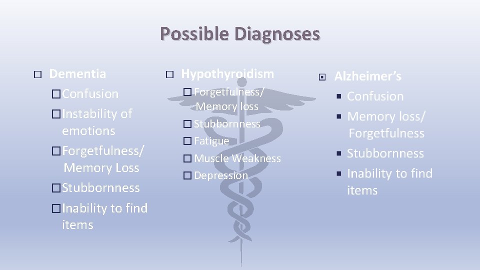 Possible Diagnoses � Dementia �Confusion �Instability of emotions �Forgetfulness/ Memory Loss �Stubbornness �Inability to