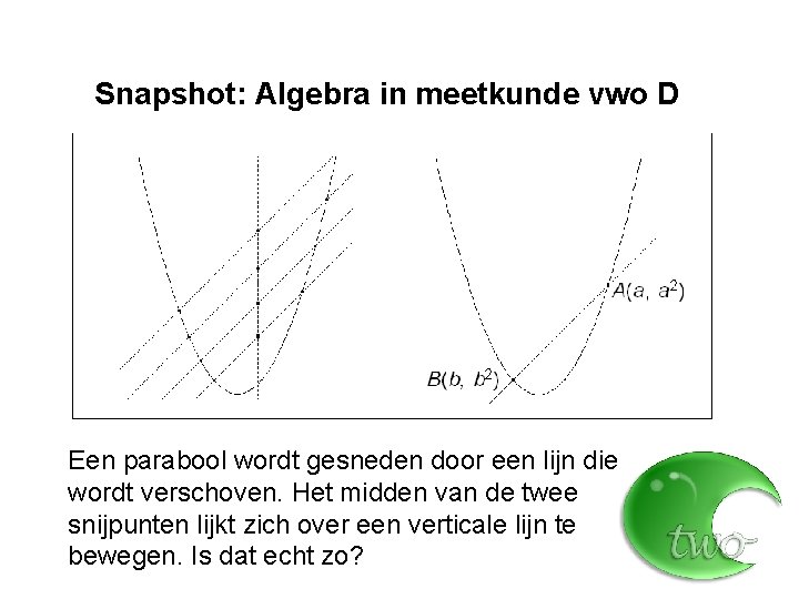 Snapshot: Algebra in meetkunde vwo D Een parabool wordt gesneden door een lijn die