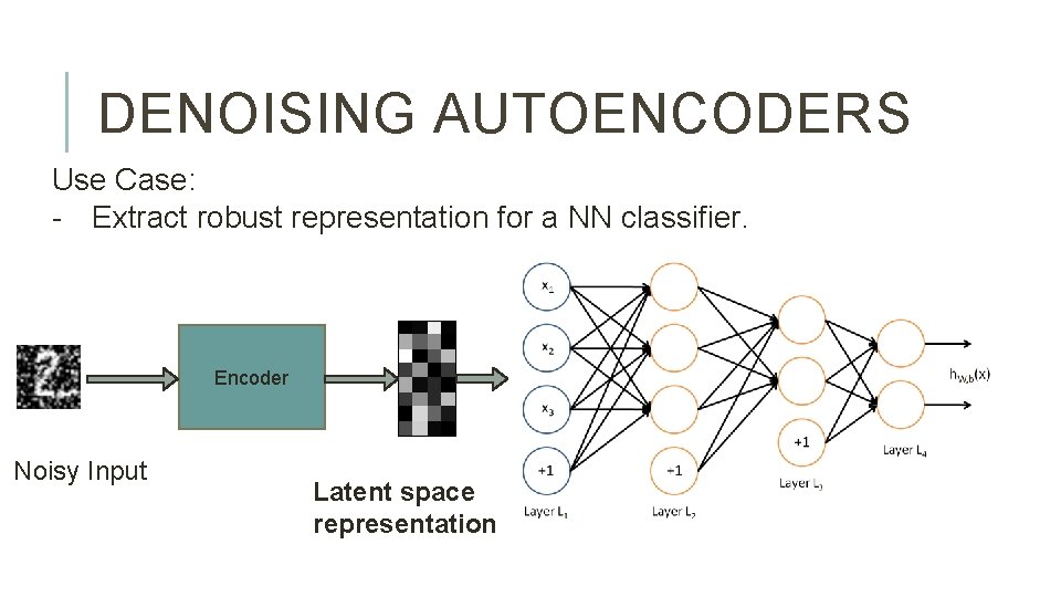 DENOISING AUTOENCODERS Use Case: - Extract robust representation for a NN classifier. Encoder Noisy