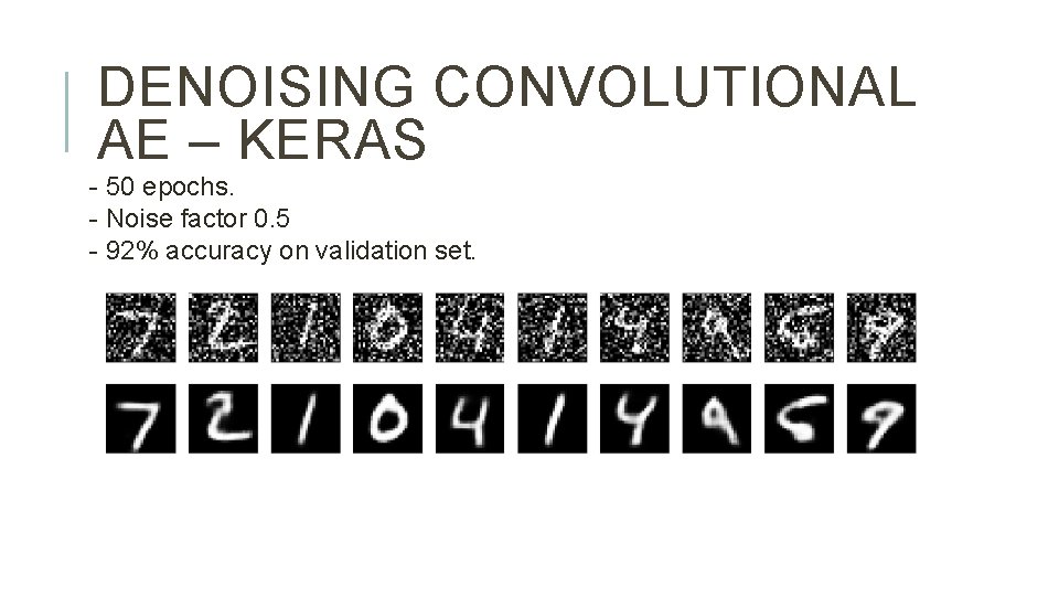 DENOISING CONVOLUTIONAL AE – KERAS - 50 epochs. - Noise factor 0. 5 -