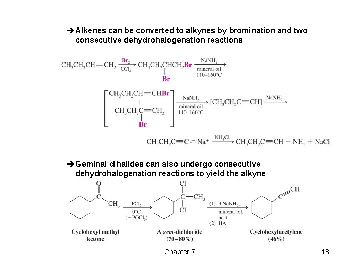 èAlkenes can be converted to alkynes by bromination and two consecutive dehydrohalogenation reactions èGeminal èAlkenes can be converted to alkynes by bromination and two consecutive dehydrohalogenation reactions èGeminal