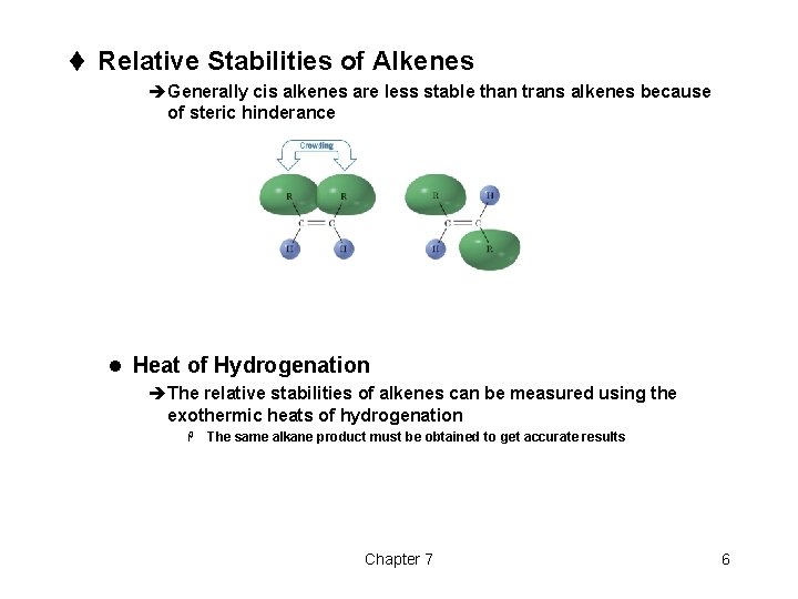 t Relative Stabilities of Alkenes èGenerally cis alkenes are less stable than trans alkenes t Relative Stabilities of Alkenes èGenerally cis alkenes are less stable than trans alkenes