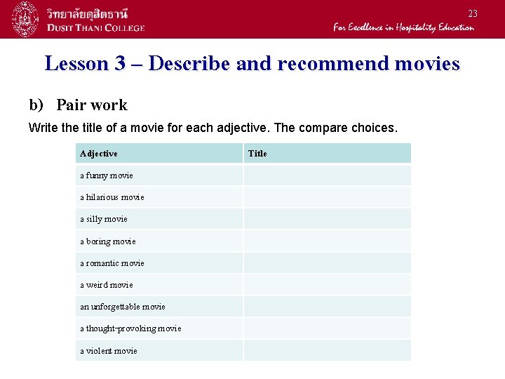 23 Lesson 3 – Describe and recommend movies b) Pair work Write the title 23 Lesson 3 – Describe and recommend movies b) Pair work Write the title
