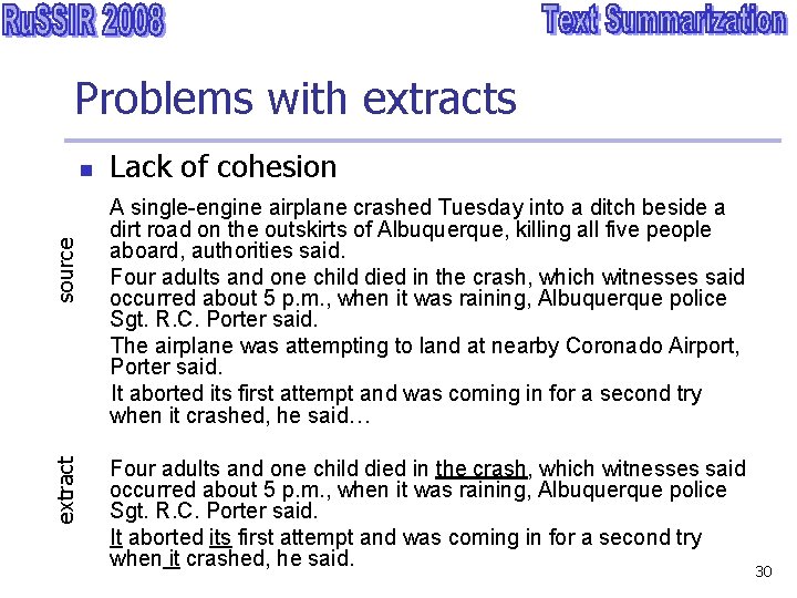 Problems with extracts extract source n Lack of cohesion A single-engine airplane crashed Tuesday
