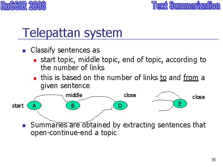 Telepattan system n Classify sentences as n start topic, middle topic, end of topic,