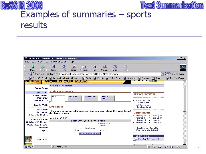Examples of summaries – sports results 7 