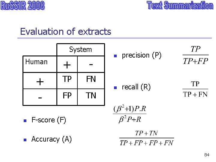 Evaluation of extracts System Human + - TP FN FP n F-score (F) n