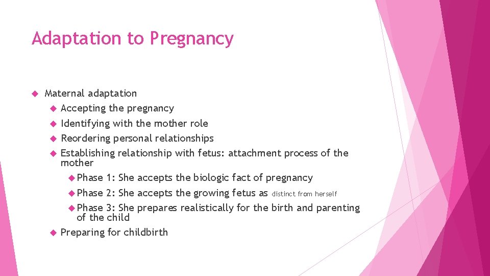 Adaptation to Pregnancy Maternal adaptation Accepting the pregnancy Identifying with the mother role Reordering