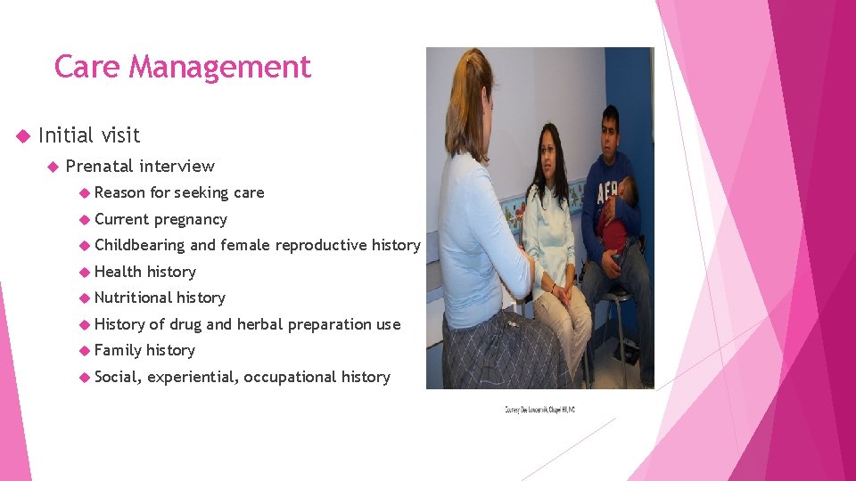 Care Management Initial visit Prenatal interview Reason for seeking care Current pregnancy Childbearing Health