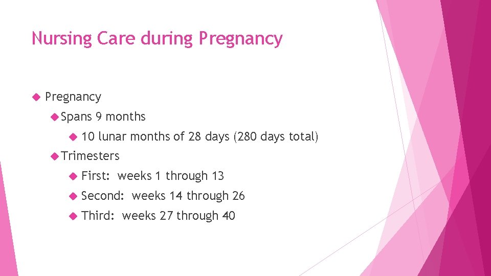Nursing Care during Pregnancy Spans 9 months 10 lunar months of 28 days (280