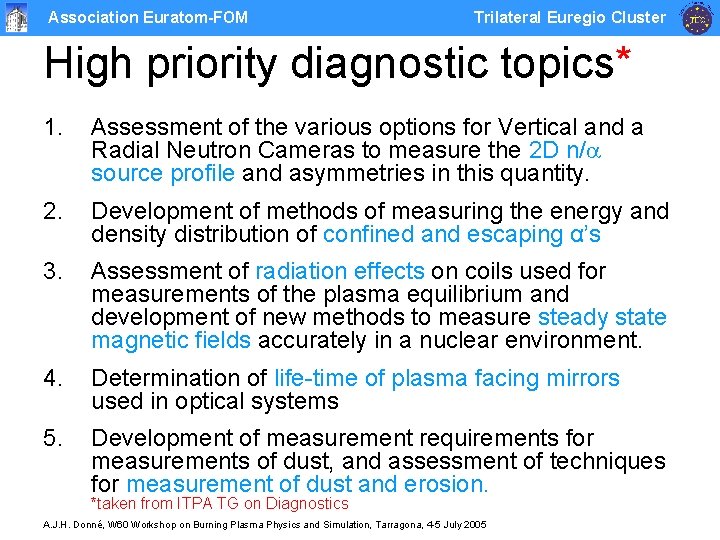 Association Euratom-FOM Trilateral Euregio Cluster High priority diagnostic topics* 1. Assessment of the various