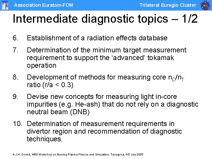 Association Euratom-FOM Trilateral Euregio Cluster Intermediate diagnostic topics – 1/2 6. Establishment of a