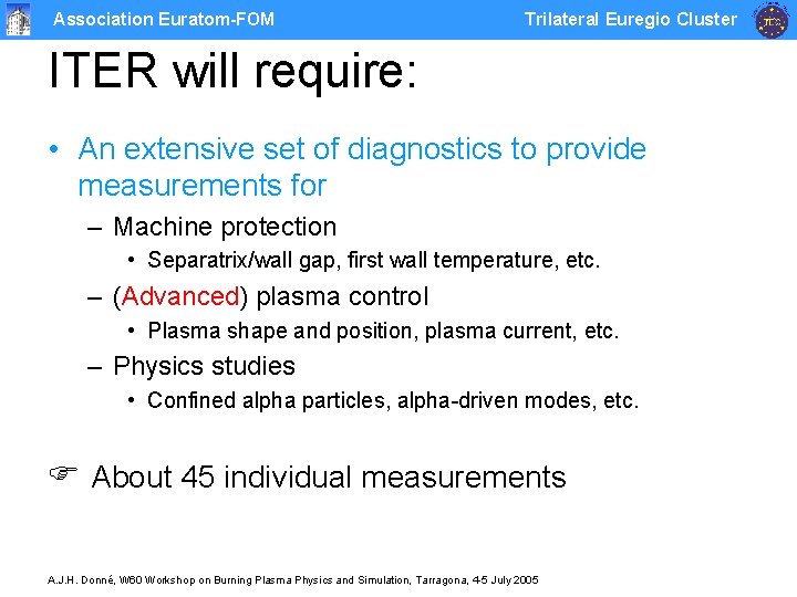 Association Euratom-FOM Trilateral Euregio Cluster ITER will require: • An extensive set of diagnostics