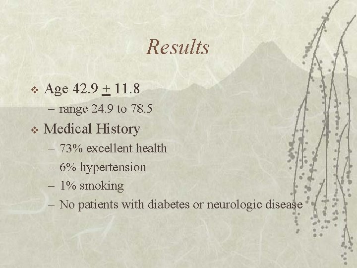 Results v Age 42. 9 + 11. 8 – range 24. 9 to 78.