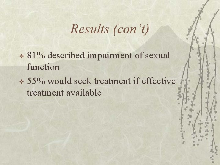 Results (con’t) 81% described impairment of sexual function v 55% would seek treatment if