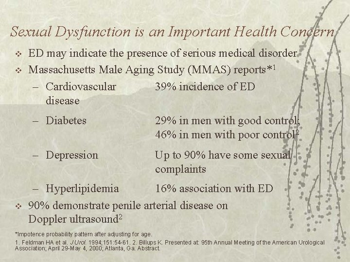 Sexual Dysfunction is an Important Health Concern v v v ED may indicate the