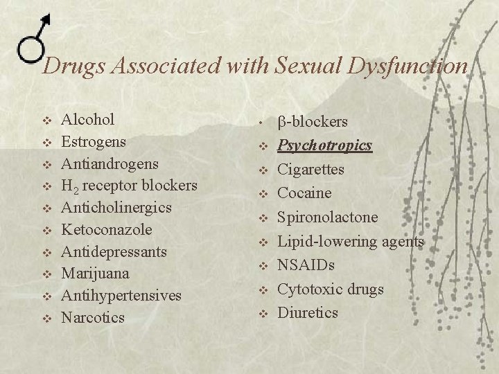 Drugs Associated with Sexual Dysfunction v v v v v Alcohol Estrogens Antiandrogens H