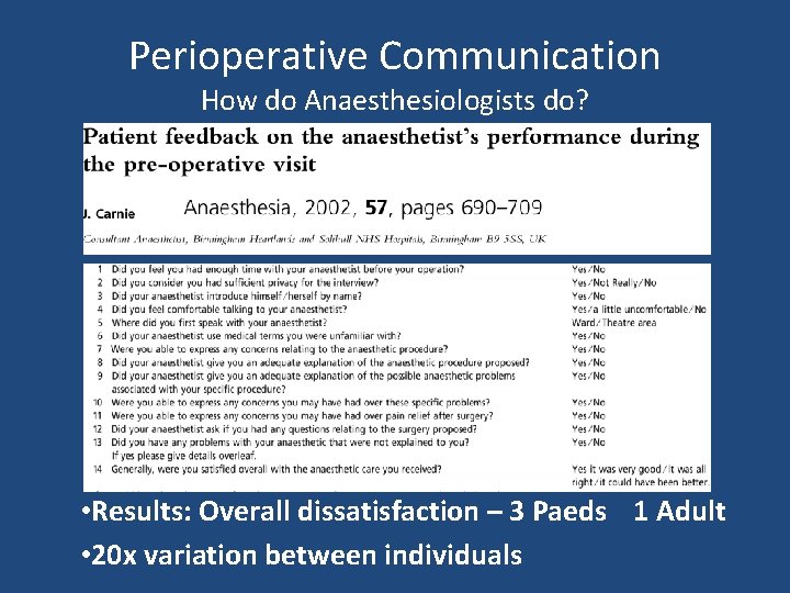 Perioperative Communication How do Anaesthesiologists do? • Results: Overall dissatisfaction – 3 Paeds 1