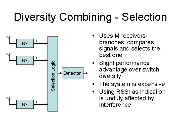 Diversity Combining - Selection Rx Rx RSSI Selection Logic Rx RSSI Detector • Uses