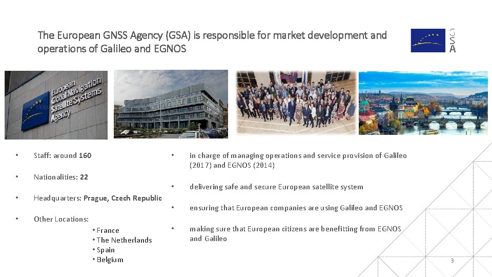 The European GNSS Agency (GSA) is responsible for market development and operations of Galileo The European GNSS Agency (GSA) is responsible for market development and operations of Galileo