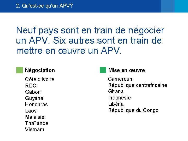 2. Qu'est-ce qu'un APV? Neuf pays sont en train de négocier un APV. Six