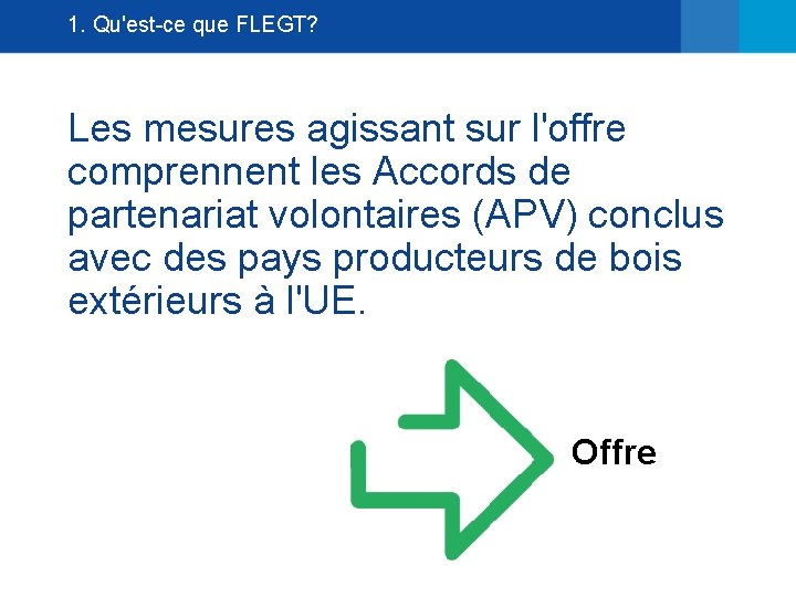 1. Qu'est-ce que FLEGT? Les mesures agissant sur l'offre comprennent les Accords de partenariat