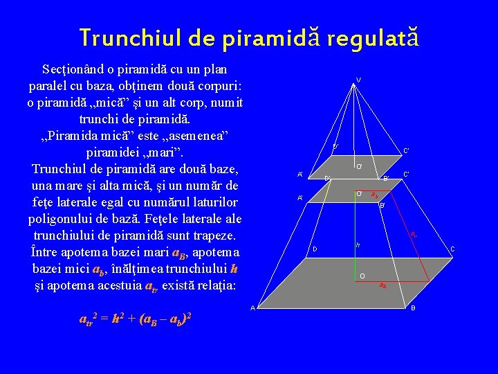 Trunchiul de piramidă regulată Secţionând o piramidă cu un plan paralel cu baza, obţinem