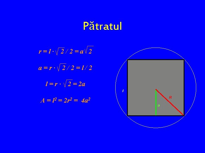 Pătratul r=l· 2/2=a 2 a=r· 2/2=l/2 l=r· 2 = 2 a l A= l