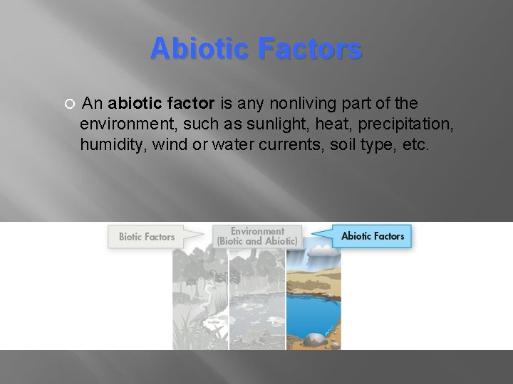Abiotic Factors An abiotic factor is any nonliving part of the environment, such as