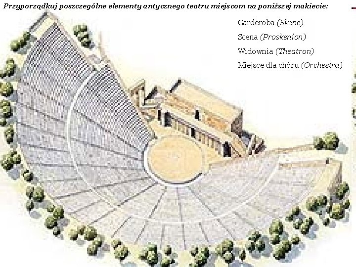 Przyporządkuj poszczególne elementy antycznego teatru miejscom na poniższej makiecie: Garderoba (Skene) Scena (Proskenion) Widownia Przyporządkuj poszczególne elementy antycznego teatru miejscom na poniższej makiecie: Garderoba (Skene) Scena (Proskenion) Widownia