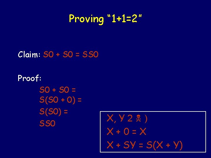 Proving “ 1+1=2” Claim: S 0 + S 0 = SS 0 Proof: S