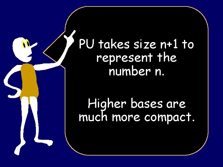 PU takes size n+1 to represent the number n. Higher bases are much more