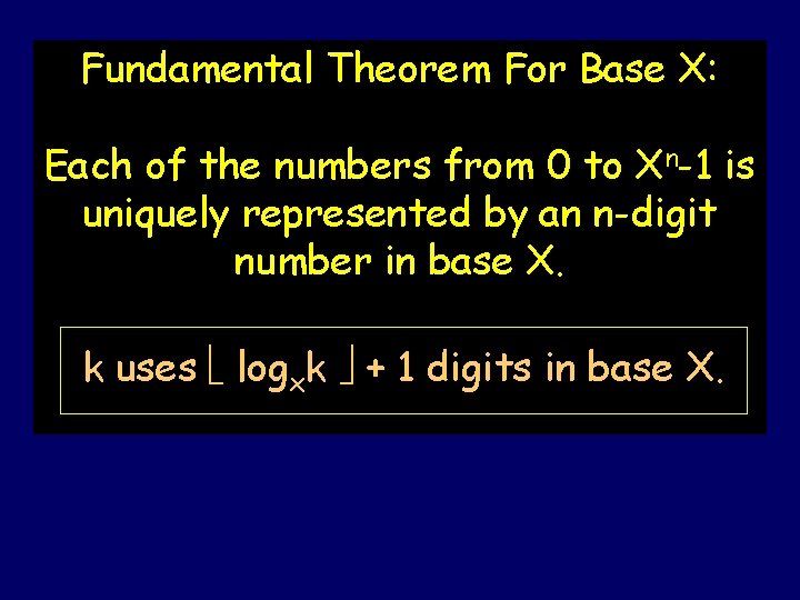 Fundamental Theorem For Base X: Each of the numbers from 0 to Xn-1 is