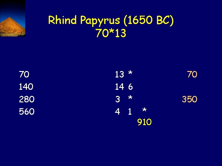 Rhind Papyrus (1650 BC) 70*13 70 140 280 560 13 14 3 4 *