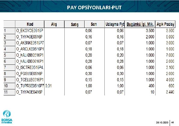 PAY OPSİYONLARI-PUT 29. 10. 2020 44 